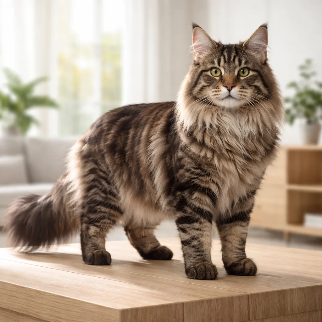 Velika rjava progasta mačka tipa Maine Coon s kvadratnim gobčkom in košatim repom stoji na širokem podestu v svetli sobi.