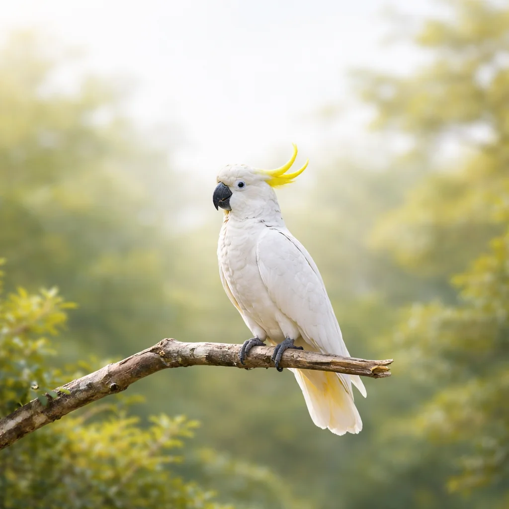 Beli kakadu vrste Cacatua galerita z rumenim čopom in temnim kljunom stoji na veji v svetlem okolju; vidni sta obe nogi in celoten rep.