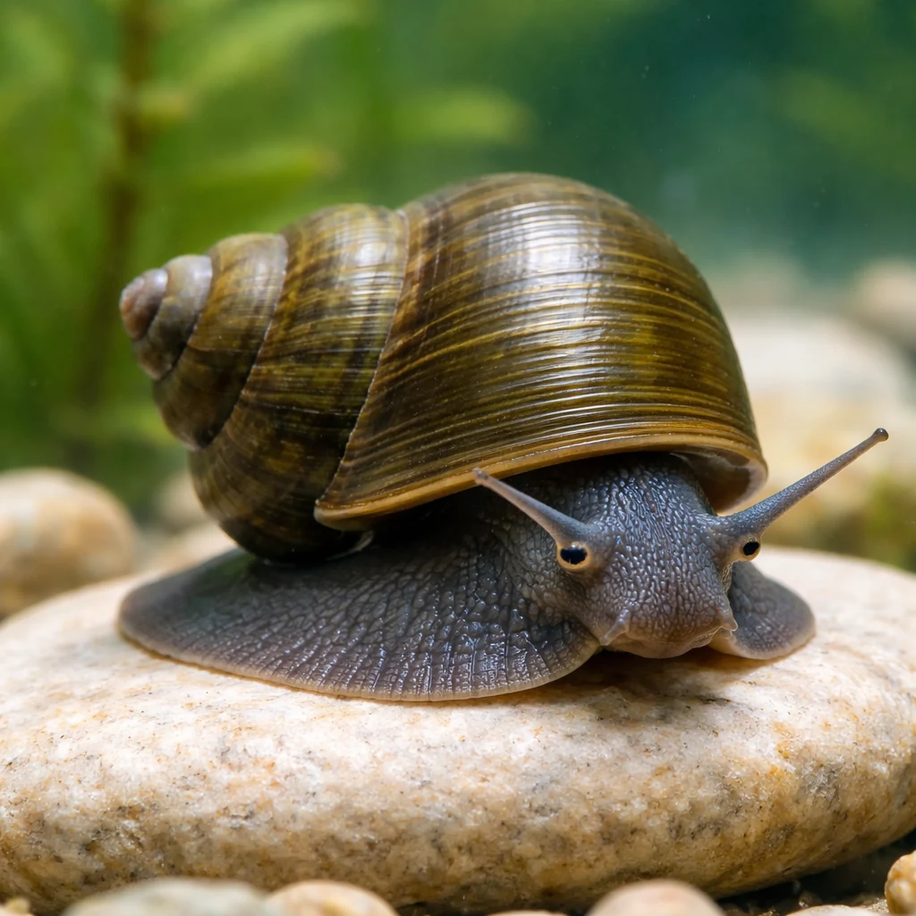 Ponazoritvena ilustracija vodnega polža s celotno hišico, mišično nogo in tipalnicama; ni določitveni ključ.