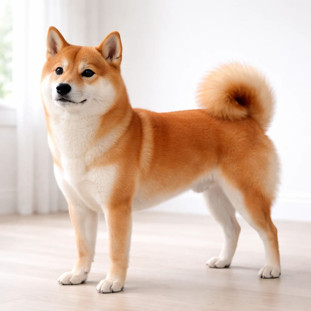 Ponazoritvena ilustracija odraslega rdečkastega psa shiba inu z belkastimi predeli urajiro, pokončnima uhljema, črnim nosom, štirimi celimi tacami in celotnim zavitim repom.